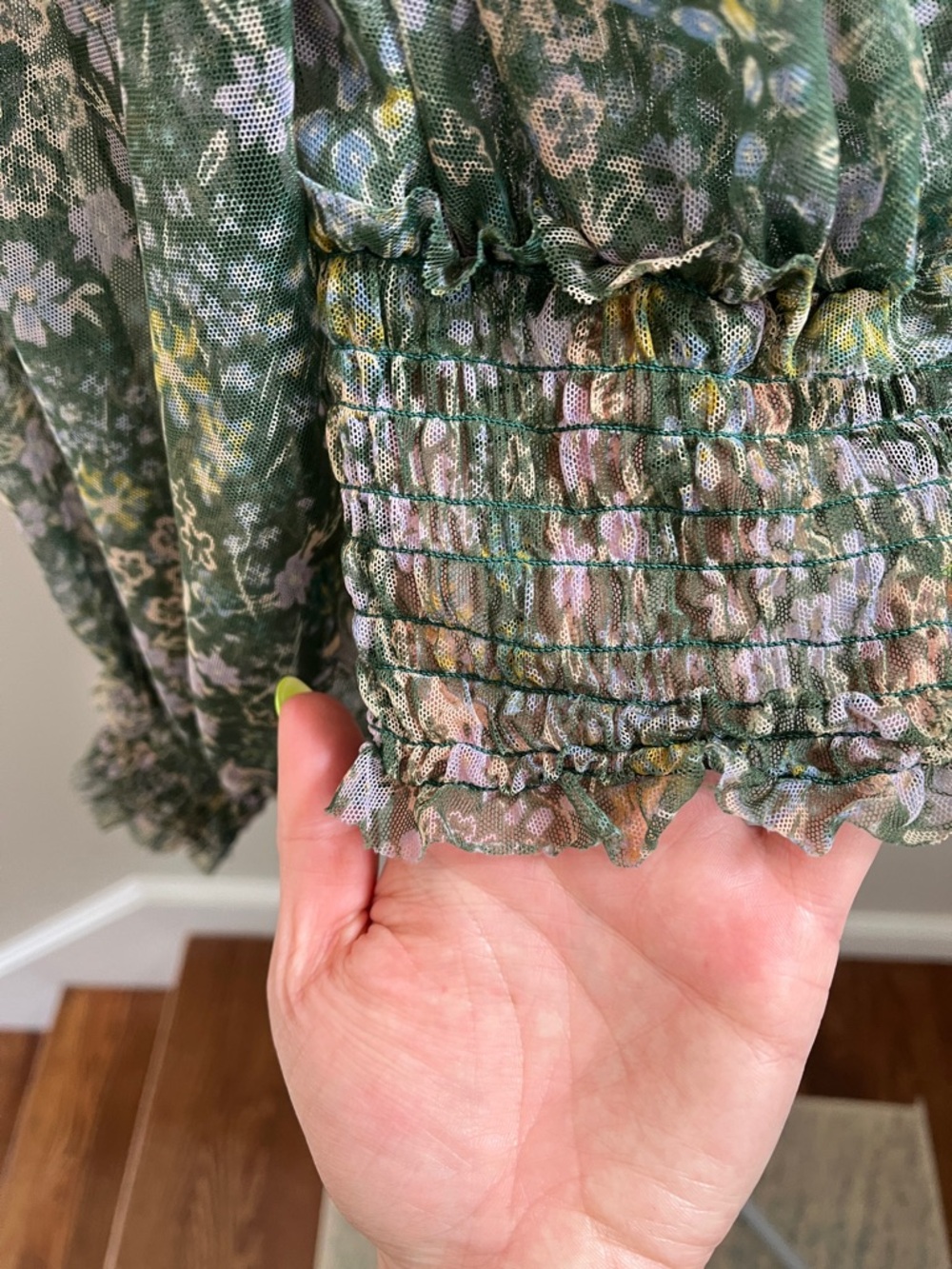 Free People Twyla Green Floral Tie-Front Shirred Waist Blouse - Size Small - Picture 8 of 11